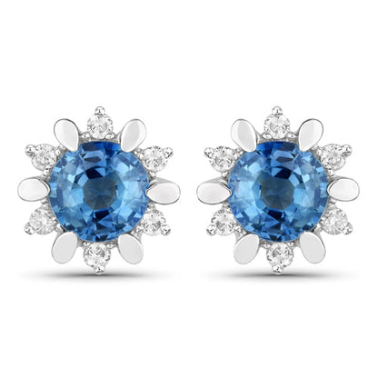 1.87 Carat Genuine Blue Sapphire and White Diamond 14K White Gold Earrings