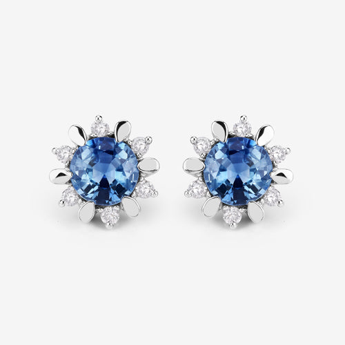 1.87 Carat Genuine Blue Sapphire and White Diamond 14K White Gold Earrings