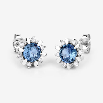 1.87 Carat Genuine Blue Sapphire and White Diamond 14K White Gold Earrings