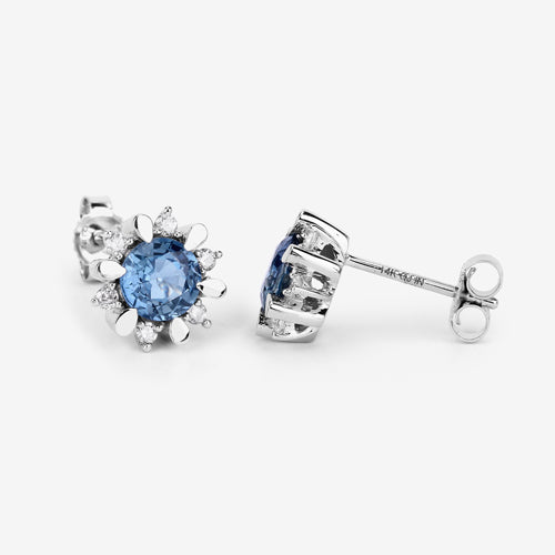 1.87 Carat Genuine Blue Sapphire and White Diamond 14K White Gold Earrings