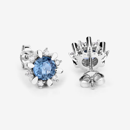 1.87 Carat Genuine Blue Sapphire and White Diamond 14K White Gold Earrings