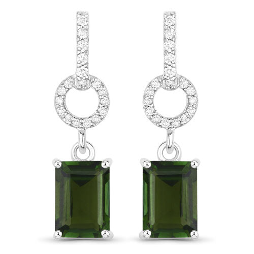2.28 Carat Genuine Green Tourmaline and White Diamond 14K White Gold Earrings