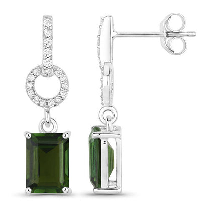 2.28 Carat Genuine Green Tourmaline and White Diamond 14K White Gold Earrings