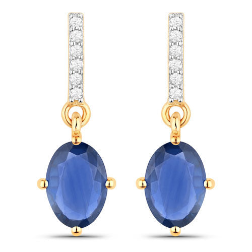 1.95 Carat Genuine Blue Sapphire and White Diamond 14K Yellow Gold Earrings