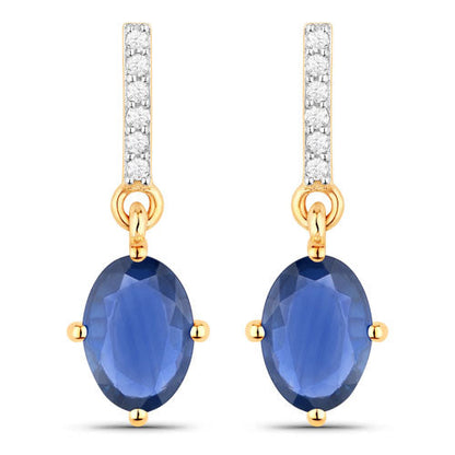 1.95 Carat Genuine Blue Sapphire and White Diamond 14K Yellow Gold Earrings