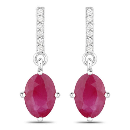 1.75 Carat Genuine Ruby and White Diamond 10K White Gold Earrings