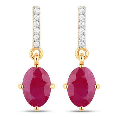 1.75 Carat Genuine Ruby and White Diamond 10K Yellow Gold Earrings