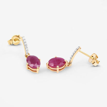 1.75 Carat Genuine Ruby and White Diamond 10K Yellow Gold Earrings
