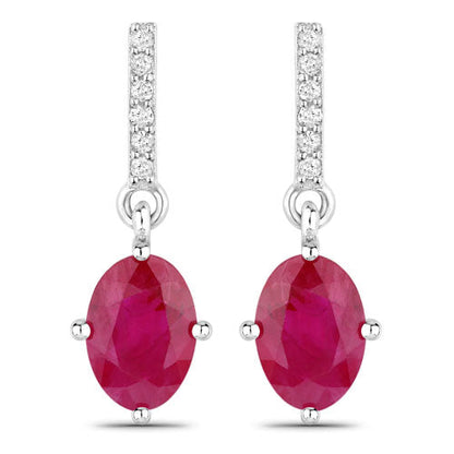 1.75 Carat Genuine Ruby and White Diamond 14K White Gold Earrings