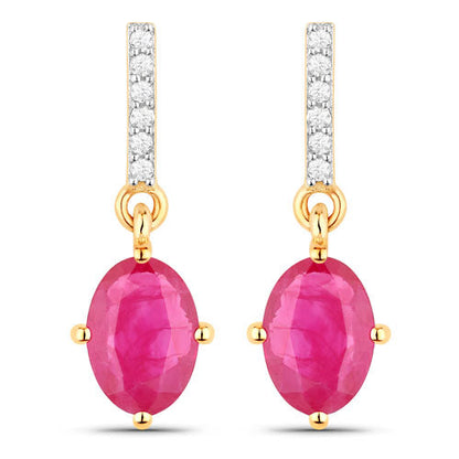 1.75 Carat Genuine Ruby and White Diamond 14K Yellow Gold Earrings