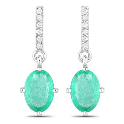 1.49 Carat Genuine Zambian Emerald and White Diamond 10K White Gold Earrings