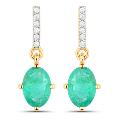 1.49 Carat Genuine Zambian Emerald and White Diamond 10K Yellow Gold Earrings
