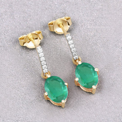 1.49 Carat Genuine Zambian Emerald and White Diamond 10K Yellow Gold Earrings