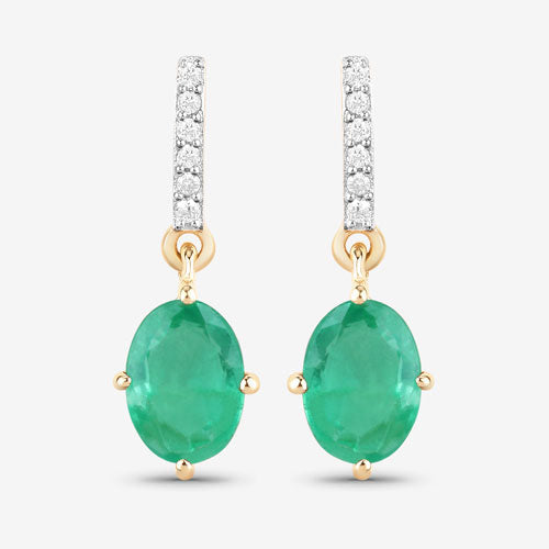 1.49 Carat Genuine Zambian Emerald and White Diamond 10K Yellow Gold Earrings