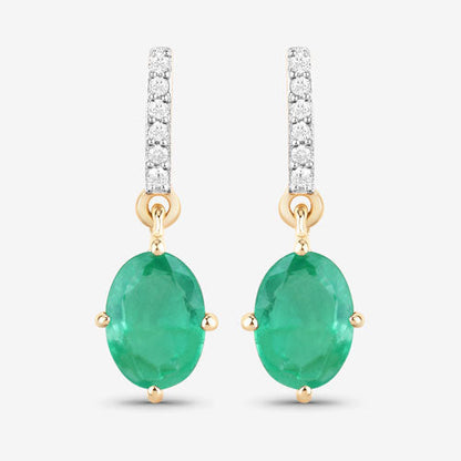 1.49 Carat Genuine Zambian Emerald and White Diamond 10K Yellow Gold Earrings