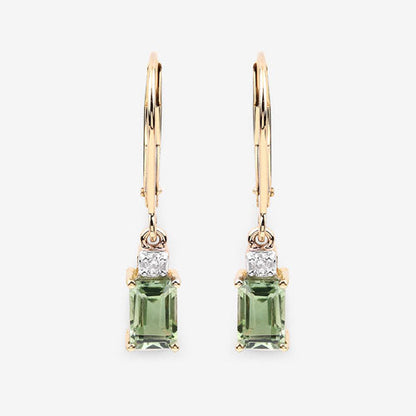 1.28 Carat Genuine Green Tourmaline and White Diamond 14K Yellow Gold Earrings