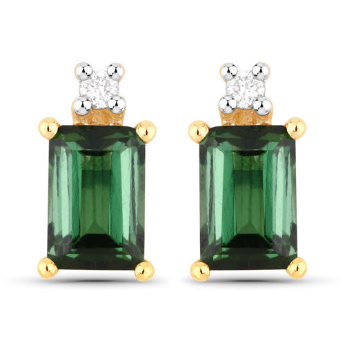 1.24 Carat Genuine Green Tourmaline and White Diamond 14K Yellow Gold Earrings