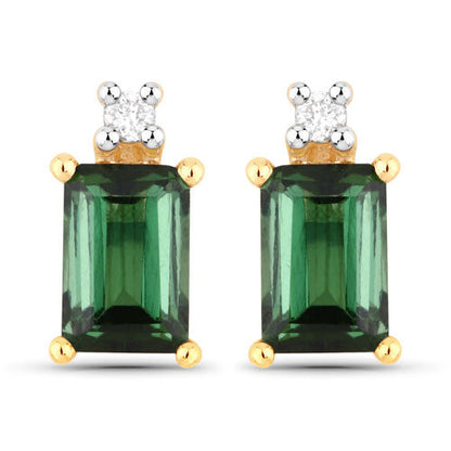 1.24 Carat Genuine Green Tourmaline and White Diamond 14K Yellow Gold Earrings