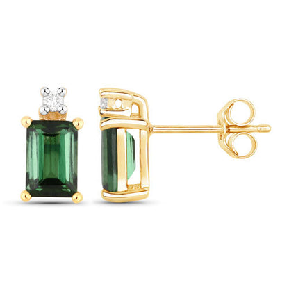 1.24 Carat Genuine Green Tourmaline and White Diamond 14K Yellow Gold Earrings