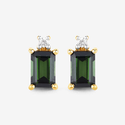 1.24 Carat Genuine Green Tourmaline and White Diamond 14K Yellow Gold Earrings