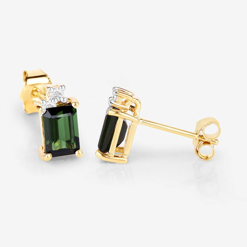 1.24 Carat Genuine Green Tourmaline and White Diamond 14K Yellow Gold Earrings
