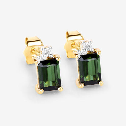 1.24 Carat Genuine Green Tourmaline and White Diamond 14K Yellow Gold Earrings
