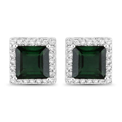 1.55 Carat Genuine Green Tourmaline and White Diamond 14K White Gold Earrings