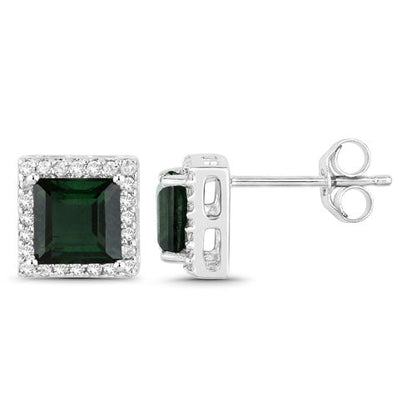 1.55 Carat Genuine Green Tourmaline and White Diamond 14K White Gold Earrings