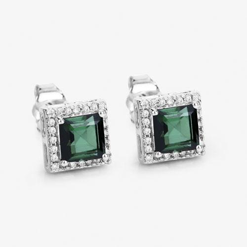 1.55 Carat Genuine Green Tourmaline and White Diamond 14K White Gold Earrings