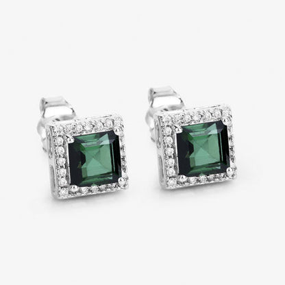 1.55 Carat Genuine Green Tourmaline and White Diamond 14K White Gold Earrings