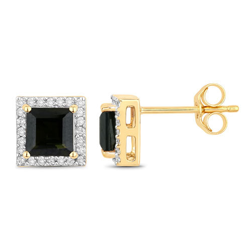 1.55 Carat Genuine Green Tourmaline and White Diamond 14K Yellow Gold Earrings