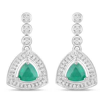 1.39 Carat Genuine Zambian Emerald and White Diamond 14K White Gold Earrings