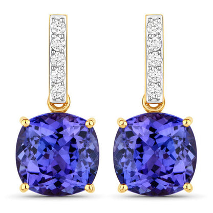 5.64 Carat Genuine Tanzanite and White Diamond 14K Yellow Gold Earrings