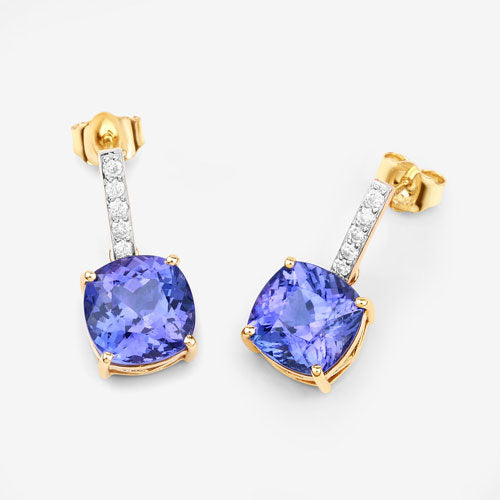 5.64 Carat Genuine Tanzanite and White Diamond 14K Yellow Gold Earrings