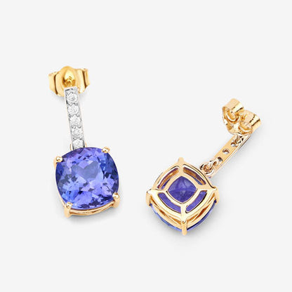 5.64 Carat Genuine Tanzanite and White Diamond 14K Yellow Gold Earrings