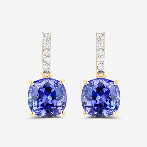 5.64 Carat Genuine Tanzanite and White Diamond 14K Yellow Gold Earrings