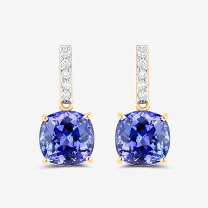 5.64 Carat Genuine Tanzanite and White Diamond 14K Yellow Gold Earrings