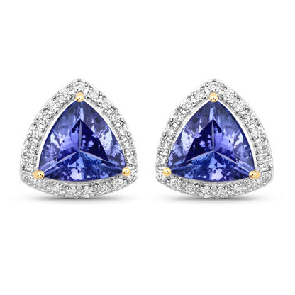 3.82 Carat Genuine Tanzanite and White Diamond 14K Yellow Gold Earrings