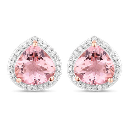 3.27 Carat Genuine Morganite and White Diamond 14K Rose Gold Earrings