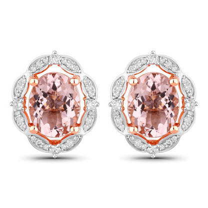 3.52 Carat Genuine Morganite and White Diamond 14K Rose Gold Earrings