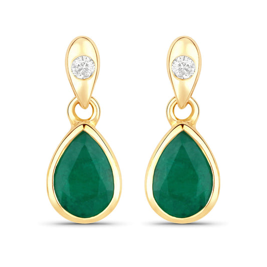 1.35 Carat Genuine Zambian Emerald and White Diamond 14K Yellow Gold Earrings