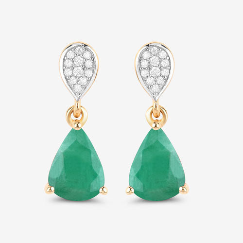 2.28 Carat Genuine Zambian Emerald and White Diamond 10K Yellow Gold Earrings