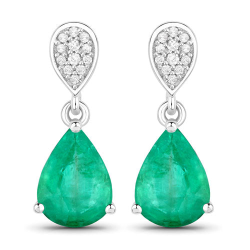 2.28 Carat Genuine Zambian Emerald and White Diamond 14K White Gold Earrings