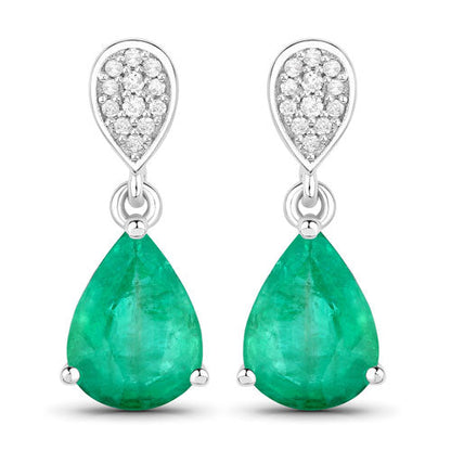 2.28 Carat Genuine Zambian Emerald and White Diamond 14K White Gold Earrings