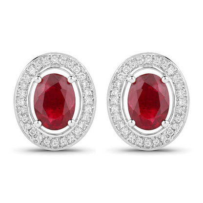 2.12 Carat Genuine Ruby and White Diamond 14K White Gold Earrings
