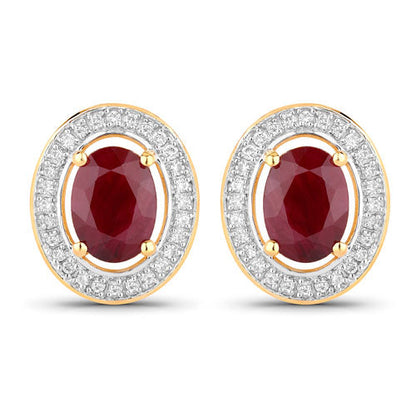 2.12 Carat Genuine Ruby and White Diamond 14K Yellow Gold Earrings
