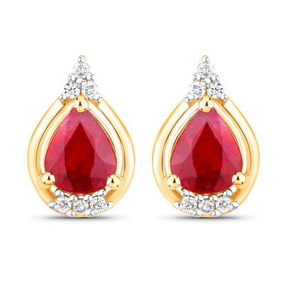1.36 Carat Genuine Ruby and White Diamond 14K Yellow Gold Earrings