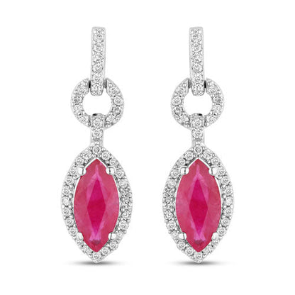 1.23 Carat Genuine Ruby and White Diamond 14K White Gold Earrings