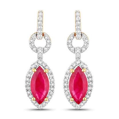 1.23 Carat Genuine Ruby and White Diamond 14K Yellow Gold Earrings