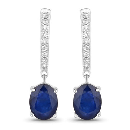 3.24 Carat Genuine Blue Sapphire and White Diamond 14K White Gold Earrings